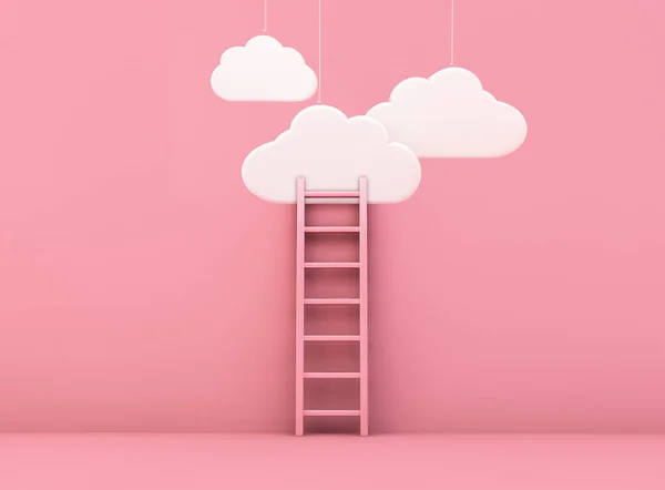 step ladder on a pink wall  with clouds 3d rendering