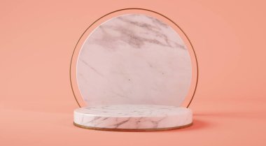 Pembe arka planda beyaz mermer silindir podyum 3D görüntüleme