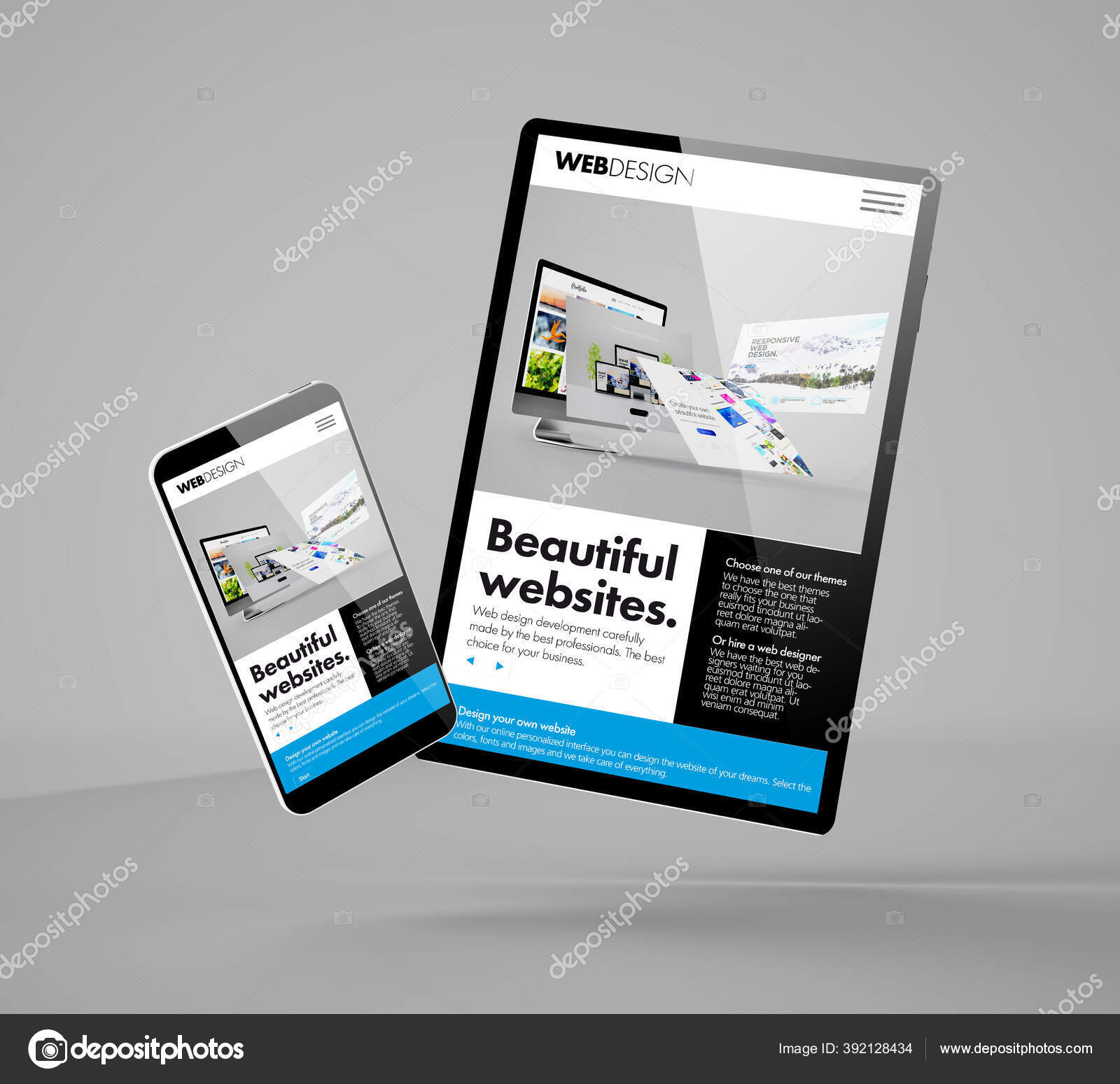 Летающий Смартфон Планшетный Макет Рендеринг Показывающий Сайт.