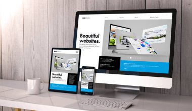 Masaüstünde dijital cihazlar, ekranda havalı web sitesi oluşturucu tasarımı. Tüm ekran grafikleri uydurmadır. 3d oluşturma.