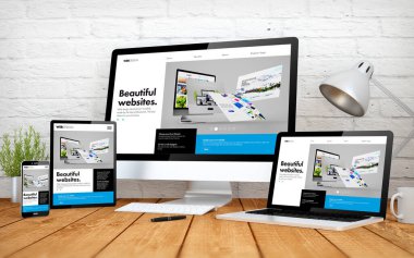 İnşa ile ilgili tasarım web sitesine sahip çoklu aygıtlara sahip 3d görüntüleme