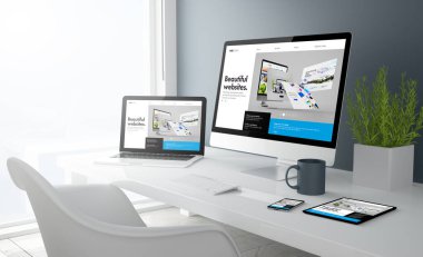 Tüm aygıtlar inşaatçı web sitesini gösterirken 3d masaüstü görüntüleme. Tüm ekran grafikleri uydurma. 