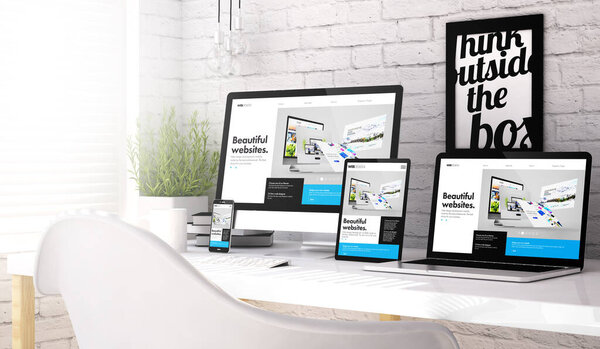 3d rendering of devices collection at workspace with website builder website on screen. All screen graphics are made up.
