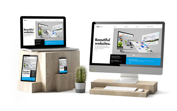 3d rendering of isolated devices over wooden cubes showing responsive builder website