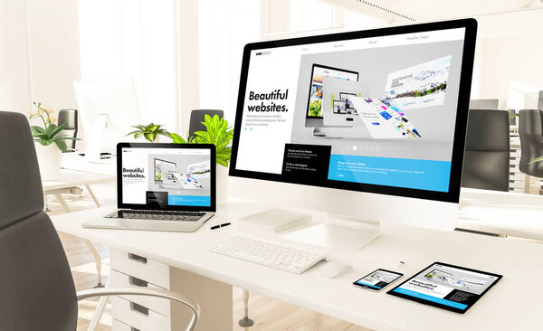 responsive devices at loft office 3d rendering mockup