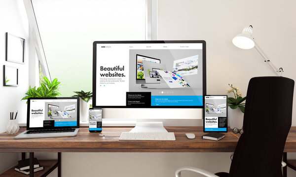 3d rendering of computer, notebook, tablet and smartphone showing website builder