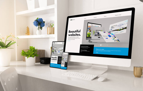 online shop website on home office setup 3d rendering