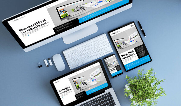 blue devices top view creative website builder 3d rendering. 