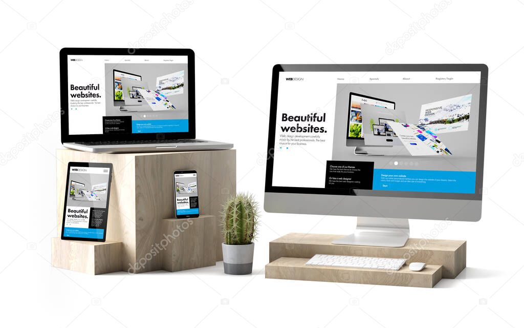 3d rendering of isolated devices over wooden cubes showing responsive builder website