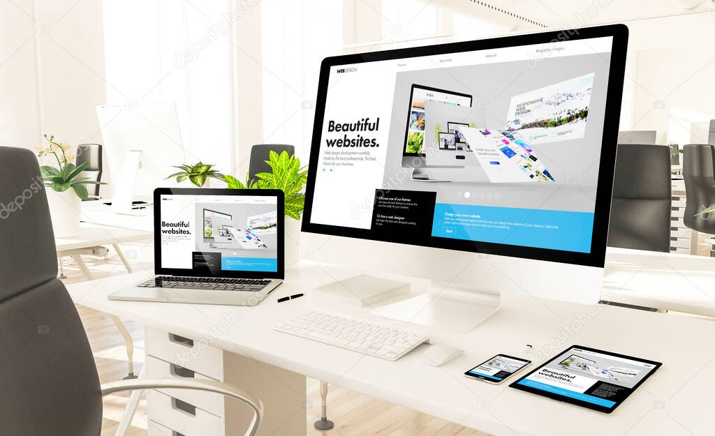 responsive devices at loft office 3d rendering mockup