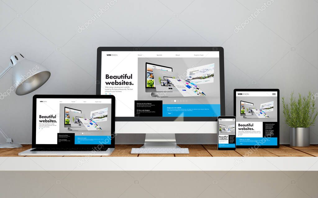 A computer, laptop, smartphone and tablet on a desktop workspace with online responsive builder website on screen. 3d Illustration. All screen graphics are made up.