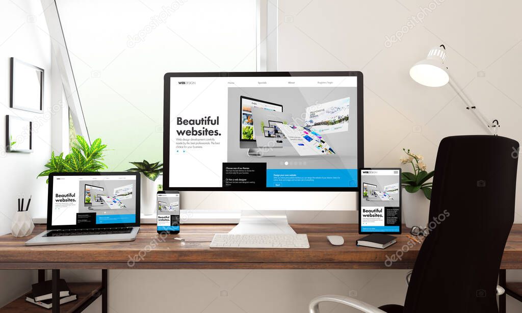 3d rendering of computer, notebook, tablet and smartphone showing website builder