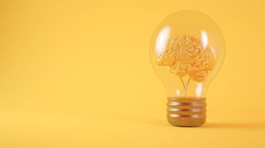 Ampul sarı arka plandaki beyin 3D görüntüleme
