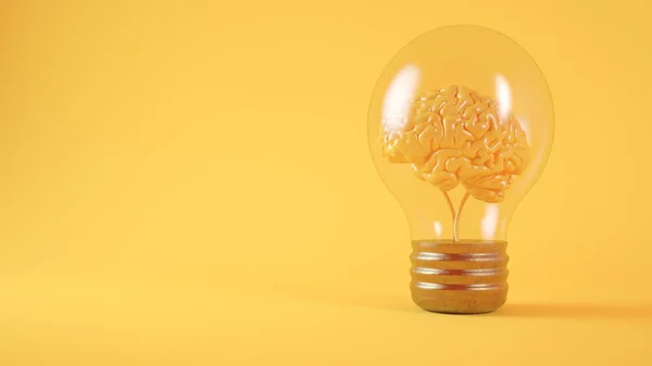 Brain Lightbulb Yellow Background Rendering — Stock Photo, Image