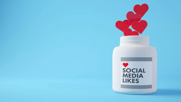 Social media concept: Heart shaped pills on medical bottle. 3d rendering.