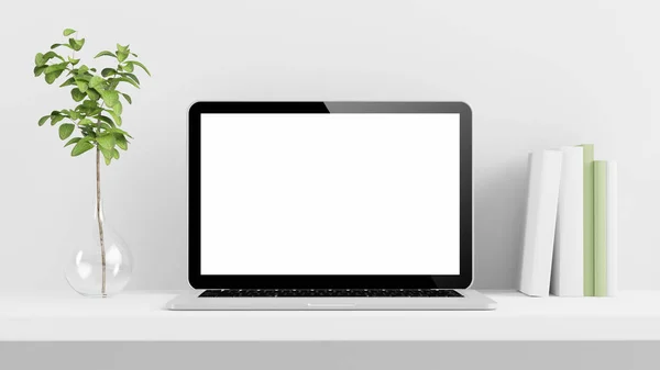 Laptop computer mockup on minimal desktop 3d rendering