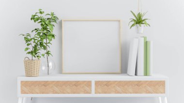 Tahta kare çerçeve yeşil bitkiler ve kitaplar içeren bir konsol üzerinde 3D