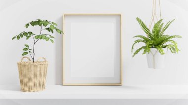 Raftaki ahşap poster çerçevesi yeşil bitkilerle çevrili 3D görüntüler.