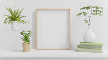 Dikey ahşap çerçeve, asgari beyaz alan 3d görüntüleme üzerinde yeşil bitkiler.