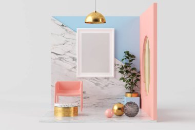 Çerçeve, pembe, mermer ve mavi sürrealist bir kanguru üzerinde maket oluşturur.