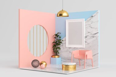 Çerçeve pembe, mavi ve mermer sürreal oda 3D