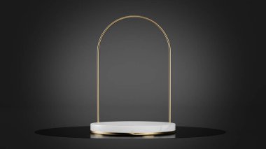 Beyaz mermer ve altın platform, koyu arkaplan.