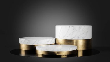 Siyah zemin üzerinde beyaz mermer ve altın podyum 3D görüntüleme