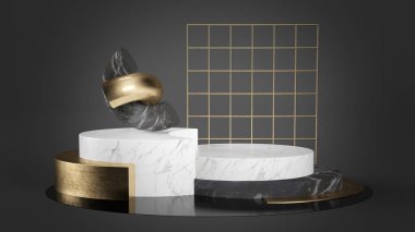 Mermer ve altın rengi 3 boyutlu geometrik şekilli soyut podyum