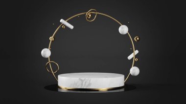 Altın yüzüklü beyaz mermer ve altın kaide ve geometrik şekiller 3D görüntüler oluşturur.