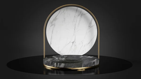 Black and white marble platform with gold shapes pedestal 3d rendering