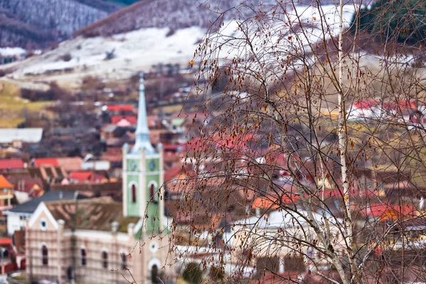 Panoramica Del Villaggio Gura Raului Transilvania Romania Con Torre Della — Foto Stock