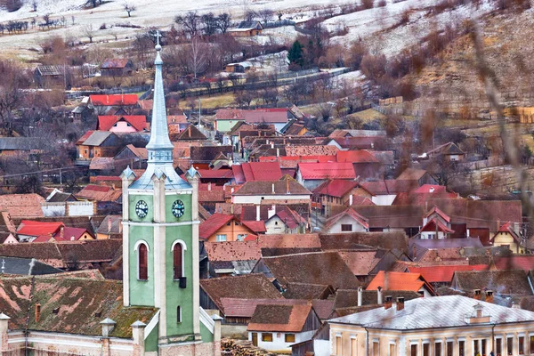 Vue Ensemble Village Gura Raului Transylvanie Roumanie Avec Clocher Premier — Photo