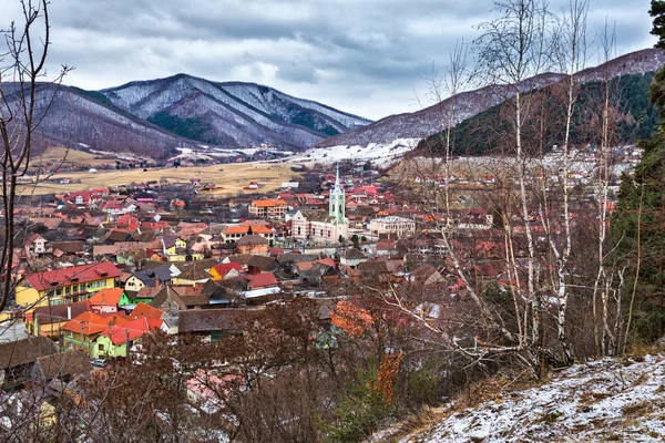 Panoramica Del Villaggio Gura Raului Transilvania Romania Con Campanile Primo — Foto Stock