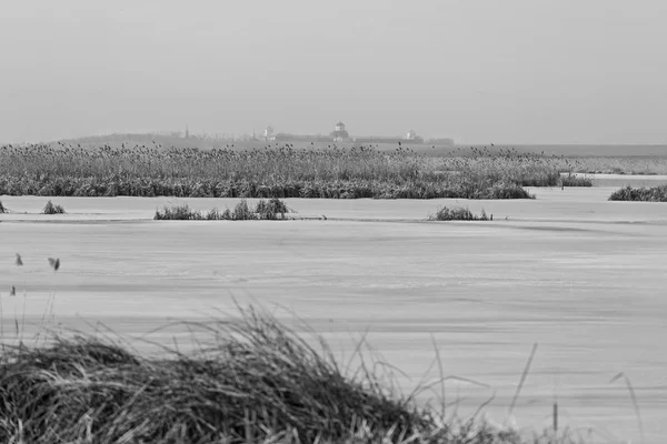 Orthodox Monastery Neajlov Wetland Romania Black White — Stock Photo, Image