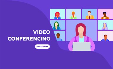 Çizimler düz tasarım konsept video konferansı. İnternet 'te iş görüşmesi formu. Vektör illüstrasyonu.