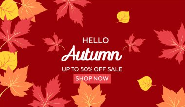 Sonbahar el yazısı. Mevsimlik mektuplar. Web pankartı şablonu. Sonbahar satış arkaplanı ve düşen sonbahar yaprakları. Vektör illüstrasyonu