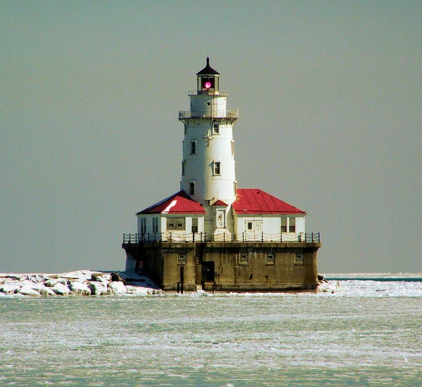 Lago Congelado Michigan Faro Cerca Chicago Illinois —  Fotos de Stock