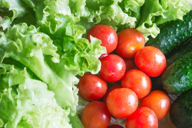 Sağlıklı beslenme kavramı. Sebze ile arka plan. Yeşil salata ve domates