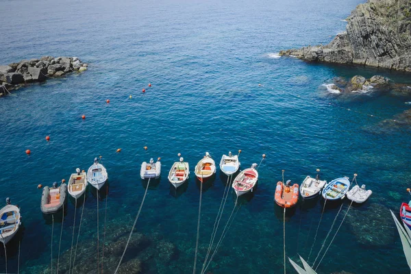 Balıkçı tekneleri Riomaggiore sahil üzerinde. Balıkçılık iskele Cinque Terre köyü üstten görünüm