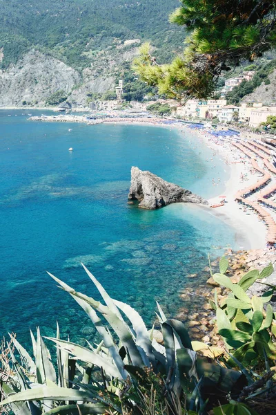 Monterosso al Mare Beach, Panorama yaz sezonu, kıyı köy ve resort Cinque Terre, Liguria, İtalya. 