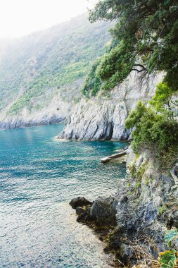 Denizin ve dağların çarpıcı renginin üst görünümü. Manarola sahilinden manzara. Cinque Terre. Italya Milli Parkı. Bir deniz manzarası ile arka plan. 