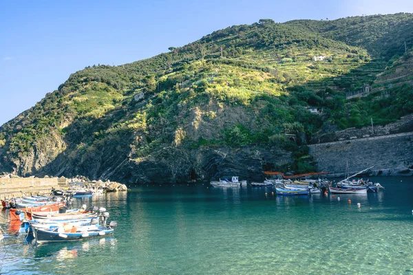 Vista del agua esmeralda del mar Mediterráneo, la montaña desde la costa de Vernazza. Cinque Terre. Parque Nacional de Italia . —  Fotos de Stock