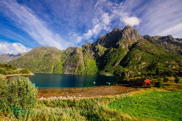 Casa rossa sulla riva del lago con vista sulle montagne in Norvegia in estate — Foto Stock