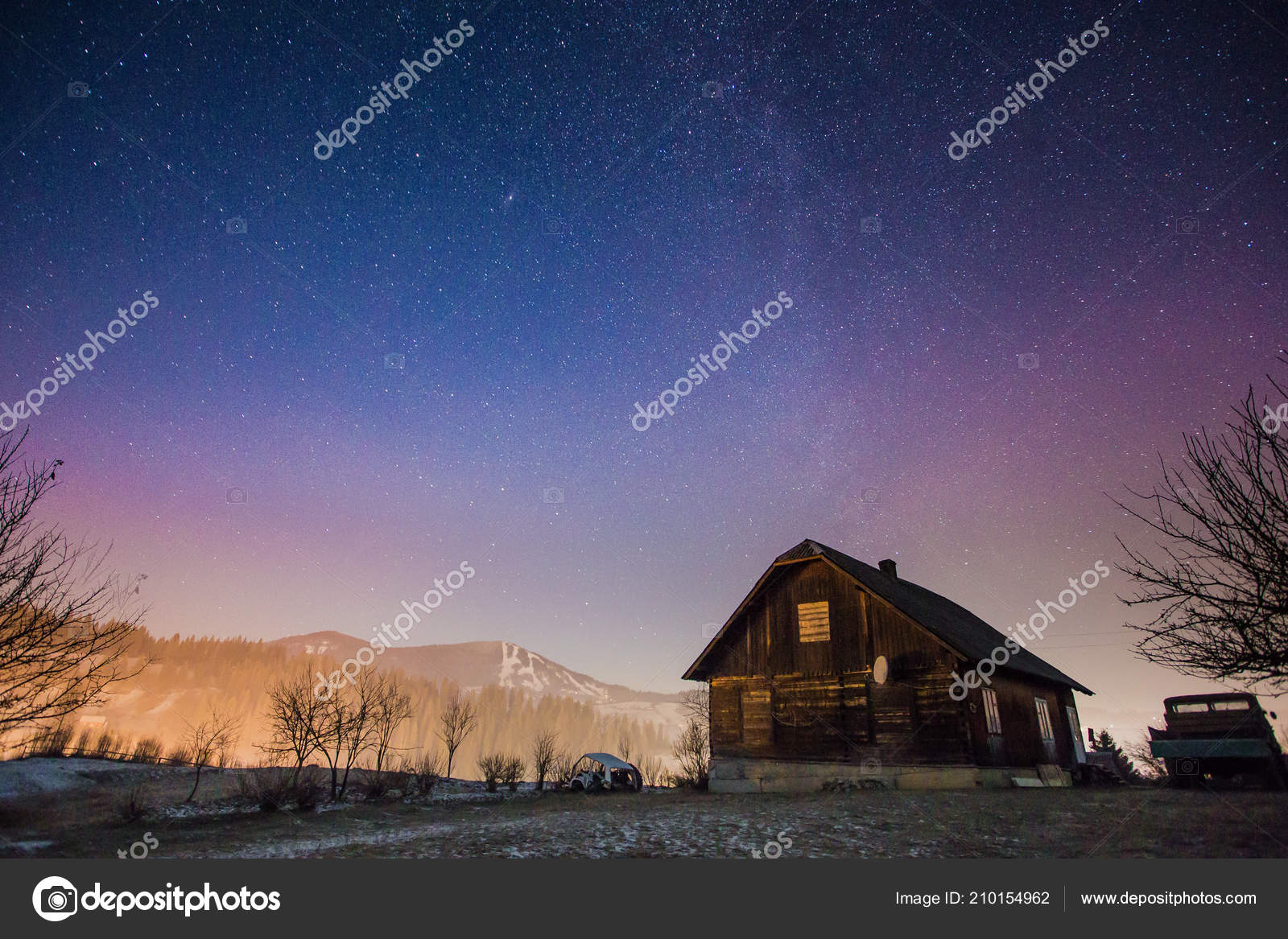 Abandoned House At Night In The Mountains Stock Photo