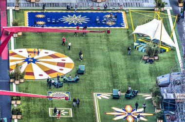 Rotterdam, The Netherlands, May 11, 2018: Aerial view of the downtown Schouwburgplein, temporairily covered with artificial grass in various colors