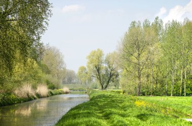 Geldermalsen, Hollanda yakınındaki çeşitli manzara içinde güneşli bir günde bir kanal boyunca genel patika