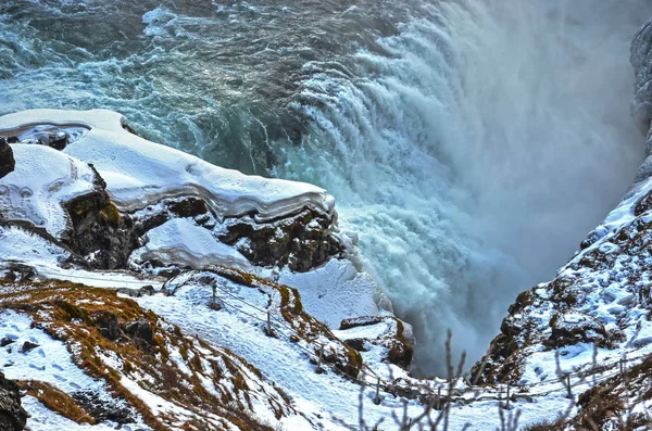 Zlanda Daki Gullfoss Şelale Kış Yakınındaki Karla Kaplı Yürüyüş Yolu — Stok fotoğraf