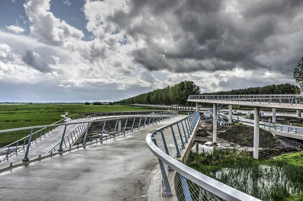 Nigtevecht オランダ 2018 干拓地や背景の木の長い行の劇的な空と 新しい橋につながるヘアピン カーブからの眺め — ストック写真