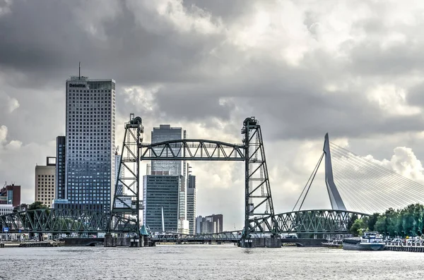 Rotterdam Pays Bas Août 2018 Vue Rivière Vers Pont Ferroviaire — Photo