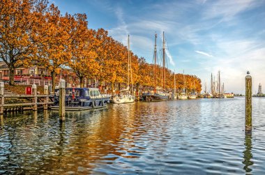 Enkhuizen, Hollanda, 26 Ekim 2015: Buitenhaven (dış liman ağaçlarda sonbahar renkleri yansıtacak)